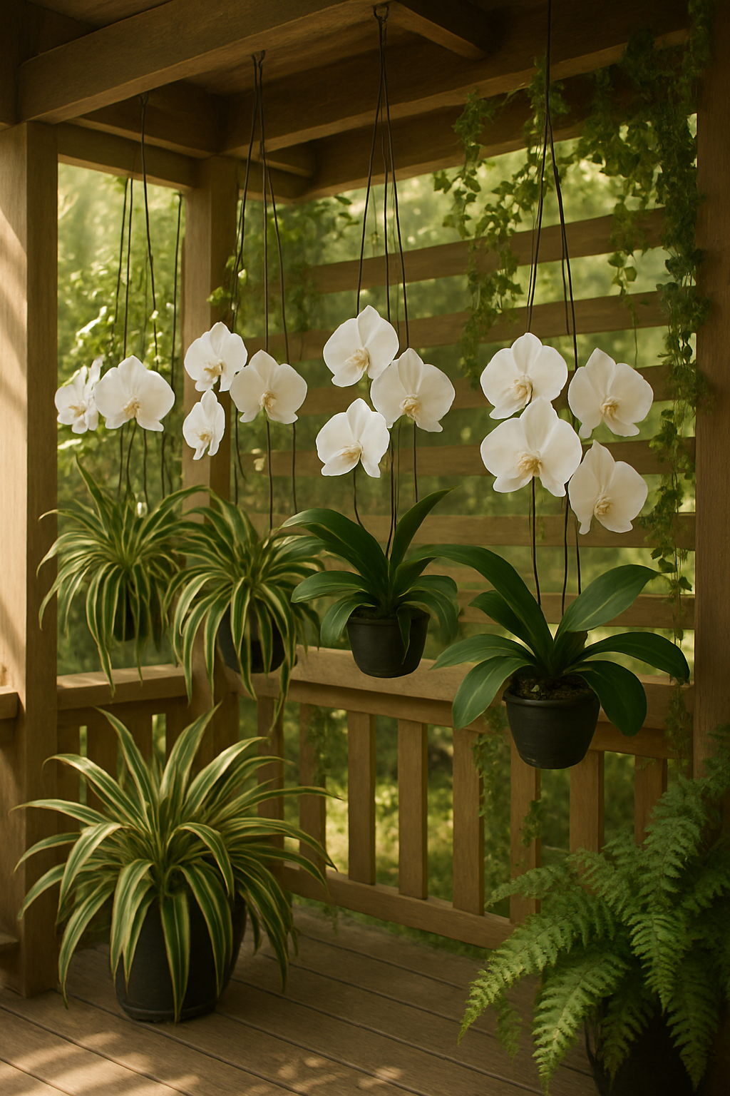 A shaded verandah filled with hanging white orchids, surrounded by spider plants, ferns, and trailing ivy, with soft sunlight streaming through wooden slats.